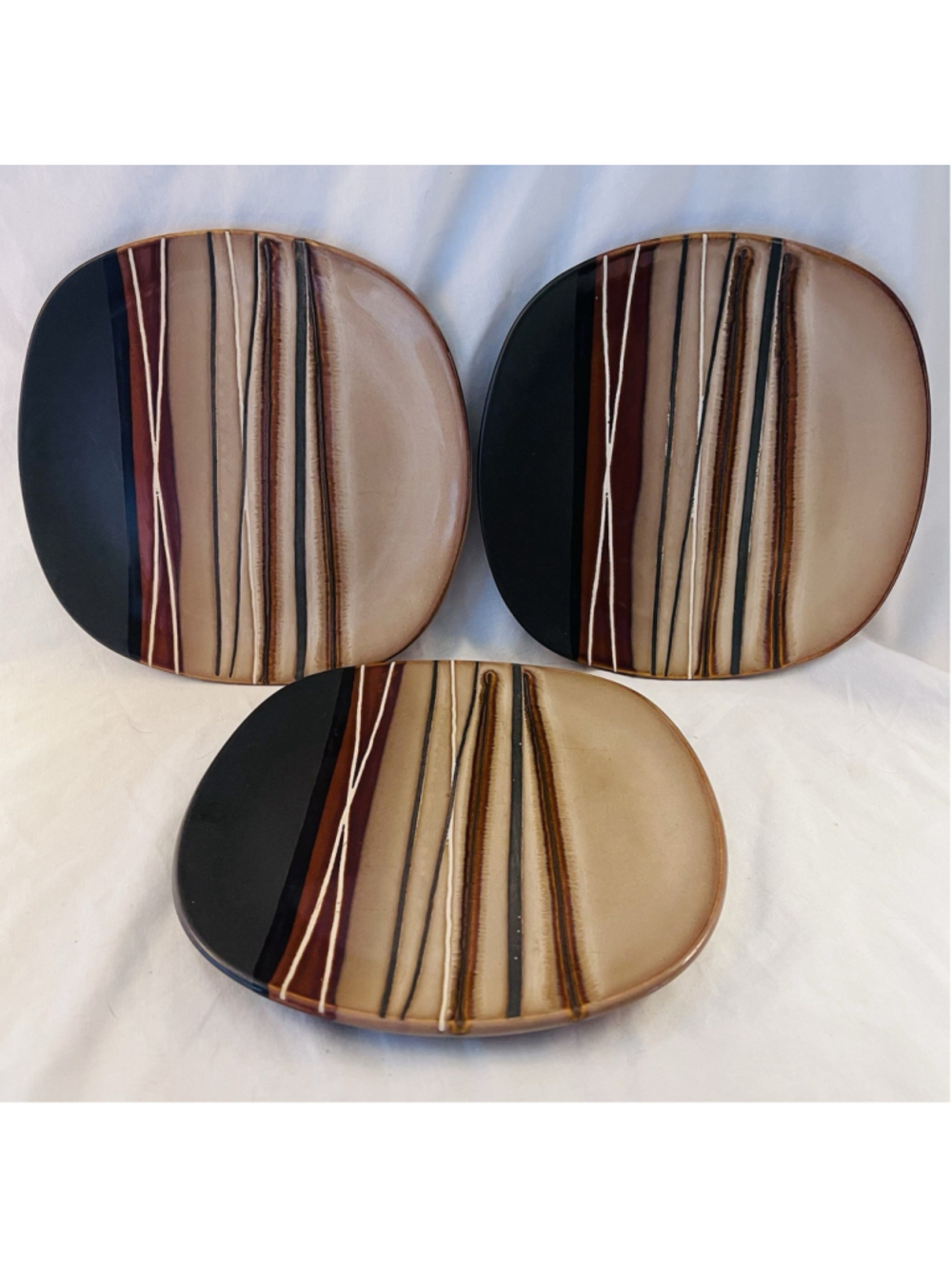 Set of (3) Home Trends Bazaar Brown Tan Striped Lunch Salad Plates 8.5”